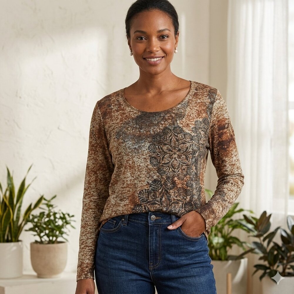 Orvis Women's Long Sleeve Blouse Size XL Botanical Floral Print Scoop Neck